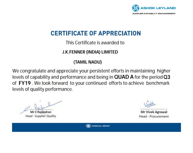 Certificate of Appreciation by Ashok Leyland | JK Fenner